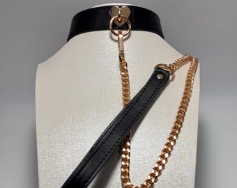 Black Leather Heart Choker Gold Chain Detachable Leash Set Custom Engraved Gift for Her