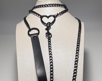 Black Heart Choker Layered Chain Collar with D Rings Rivets Adjustable Girlfriend Gift