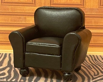 Dollhouse Miniature Furniture, Modern Classic Black Leather Club Chair, Arm Chair, 1:12 scale