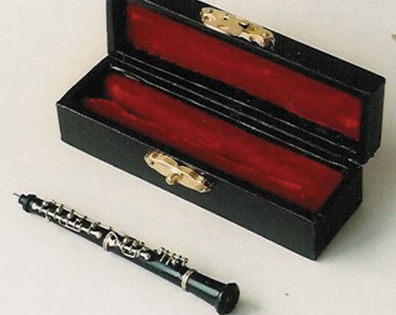 Dollhouse Miniature Musical Instrument, Oboe in Hard Black Case with Red Velvet Lining, 1:12 scale