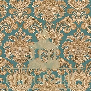 May include: Teal and gold damask wallpaper with a repeating floral pattern. The design features ornate, stylized flowers and leaves in shades of gold against a teal background. The word "CHINOISERIE" is visible at the bottom of the image.
