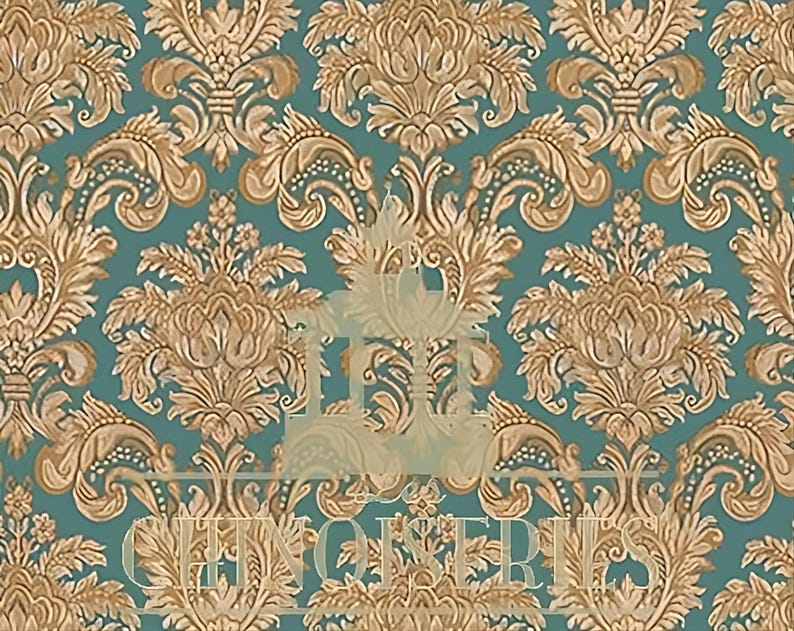 May include: Teal and gold damask wallpaper with a repeating floral pattern. The design features ornate, stylized flowers and leaves in shades of gold against a teal background. The word "CHINOISERIE" is visible at the bottom of the image.