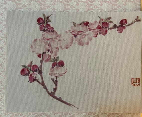 1:12 Dollhouse Miniature Rug, Japanese Floor Cloth, Floral Area Rug, Flowering Plum, One Inch Scale