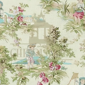 May include: A vintage-style toile fabric featuring a pastoral scene with children, trees, and water elements. The design incorporates soft greens, blues, and pinks, creating a classic, idyllic aesthetic. The fabric has a cream-colored background.