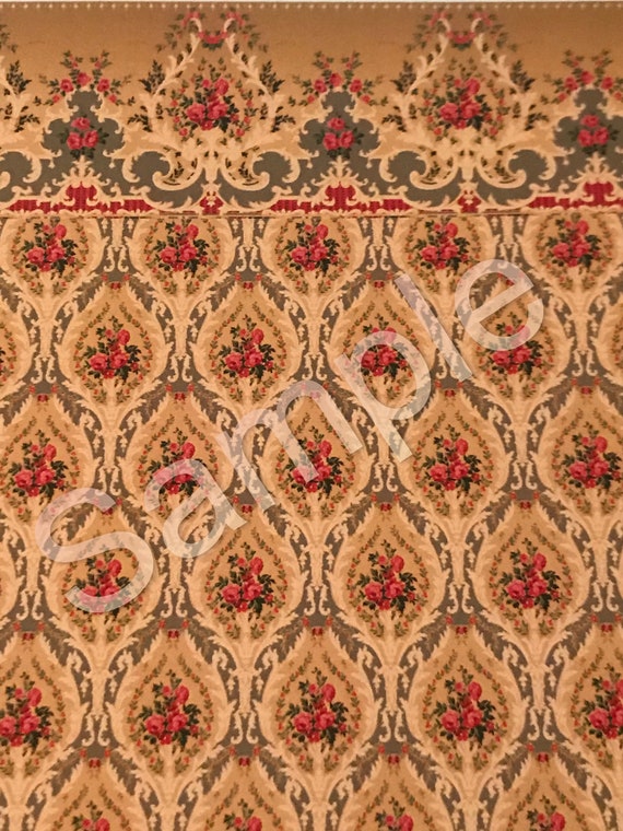 1:12 Dollhouse Miniature Wallpaper, Beatrice WITH Luxurious Border, Scale One Inch