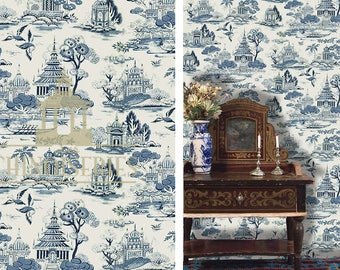1:12 Dollhouse Miniature Wallpaper, Blue & White Toile Chinoiserie, Scale One Inch