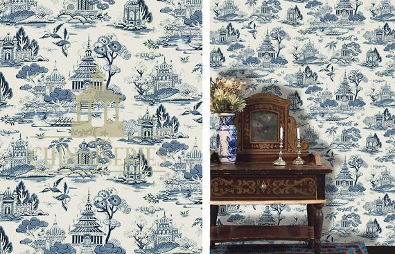 1:12 Dollhouse Miniature Wallpaper, Blue & White Toile Chinoiserie, Scale One Inch