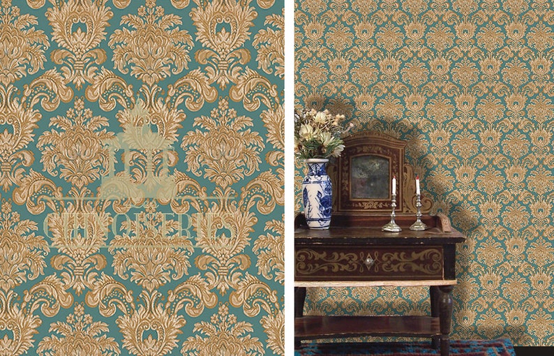 May include: Teal and gold damask wallpaper with a repeating floral pattern. The wallpaper features a classic design with ornate, swirling details. The image also shows a small antique table with a vase and candles.