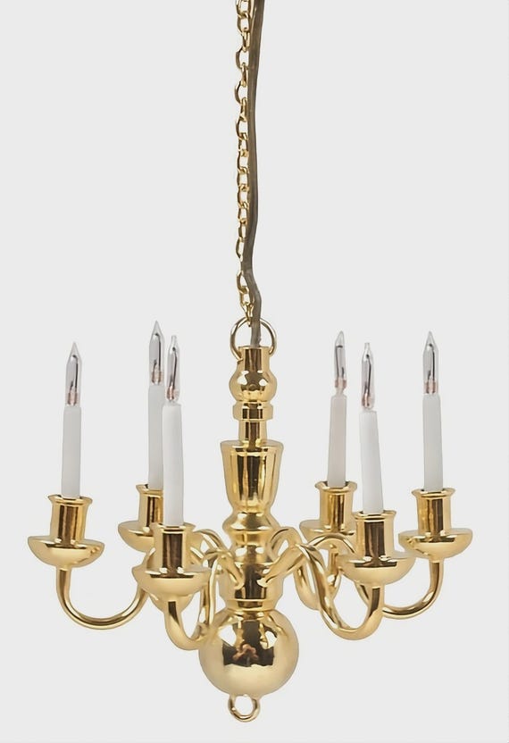 Dollhouse Miniature 12 Volt 6 Arm Brass Chandelier, 1:12 scale