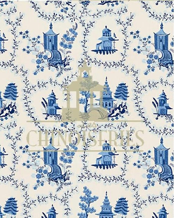 1:12 Dollhouse Miniature FABRIC, Matching Fabric Blue Pagoda, Scale One Inch