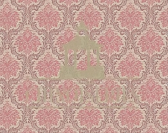 May include: A repeating pattern of pink and gray floral damask wallpaper. The design features large, stylized flowers and scrolling leaves on a light pink background. The pattern is symmetrical and covers the entire surface.
