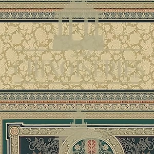May include: A detailed wallpaper design featuring floral patterns in cream and beige, with decorative borders in green, red, and black. The design includes ornate, symmetrical elements.