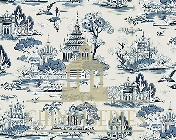 1:12 Dollhouse Miniature WALLPAPER, Blue & White Toile Chinoiserie, Scale One Inch