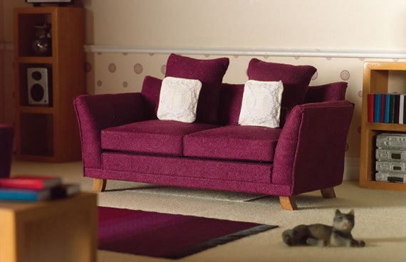 Dollhouse Miniature Furniture, Modern Classic Sofa, Boysenberry Velvet, 1:12 scale