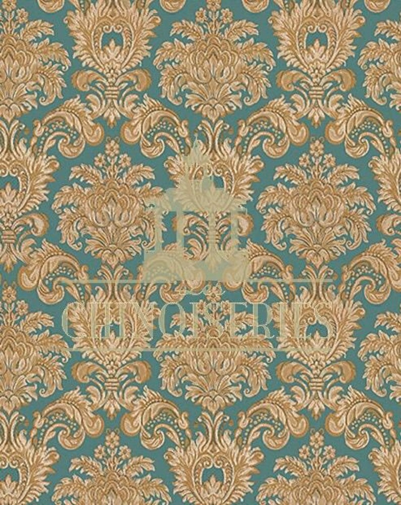 May include: Teal and gold damask wallpaper with a repeating floral pattern. The design features ornate, symmetrical floral motifs in gold against a teal background. The wallpaper has a classic, elegant aesthetic.