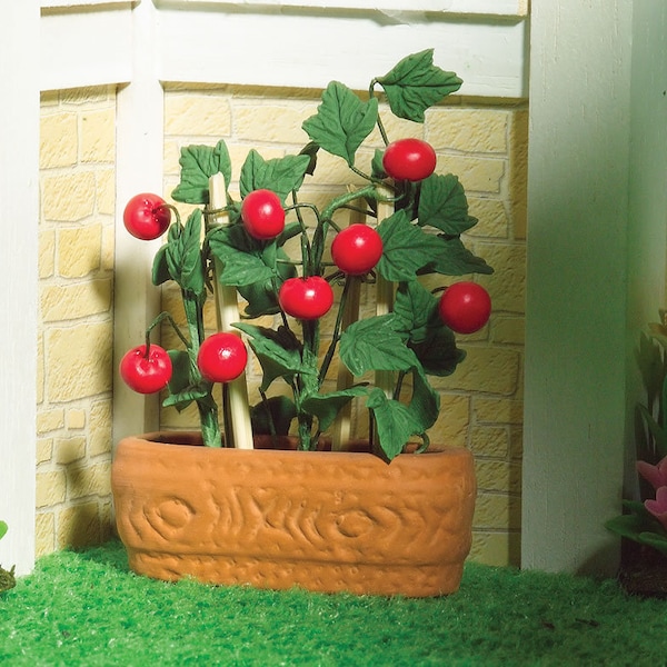 Giardino in miniatura della casa delle bambole, vite matura, piante di pomodoro in vaso, scala 1:12