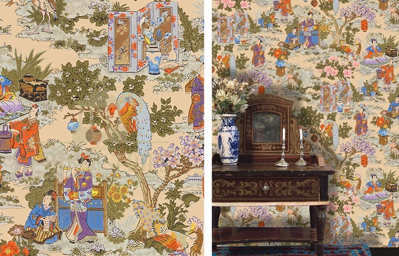 1:12 Dollhouse Miniature FABRIC, Matching Fabric, Chinoiserie in Technicolor, Scale One Inch