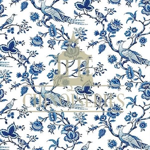 1:12 poppenhuisminiatuurstof, bijpassende stof, blauwe chinoiserie, schaal van één inch