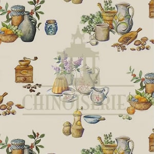 May include: Watercolor illustration featuring a repeating pattern of kitchen items. Jars, pitchers, a coffee grinder, and bowls are depicted in a vintage style. The color palette includes beige, brown, and blue, creating a cozy, rustic aesthetic.