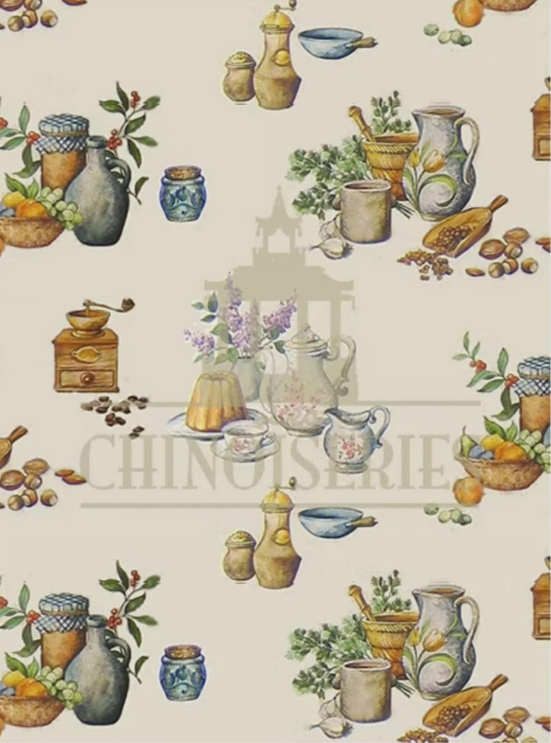 May include: Watercolor illustration featuring a repeating pattern of kitchen items. Jars, pitchers, a coffee grinder, and bowls are depicted in a vintage style. The color palette includes beige, brown, and blue, creating a cozy, rustic aesthetic.
