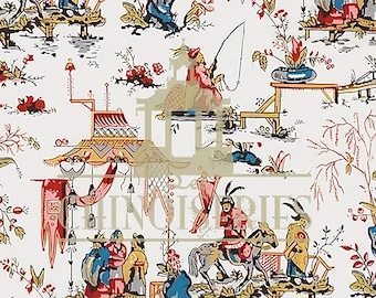 1:12 Dollhouse Miniature FABRIC, Matching Fabric, Chinoiserie in Primary, Scale One Inch