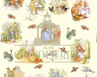 Könnte beinhalten: Cremefarbenes sich wiederholendes Muster mit Illustrationen von Kaninchen, Vögeln und Gartenszenen. Die Kunstwerke umfassen Bilder von Kaninchen in verschiedenen Posen, Gießkannen und einer Vogelscheuche. Der Text "Les Chinoiseries" ist ebenfalls vorhanden.
