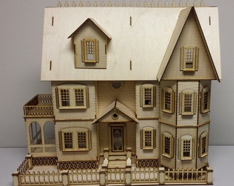 1:24 Scale Wooden Dollhouse KIT, Farmhouse Dollhouse, Victorian Country Mansion with Conservatory, Half Scale