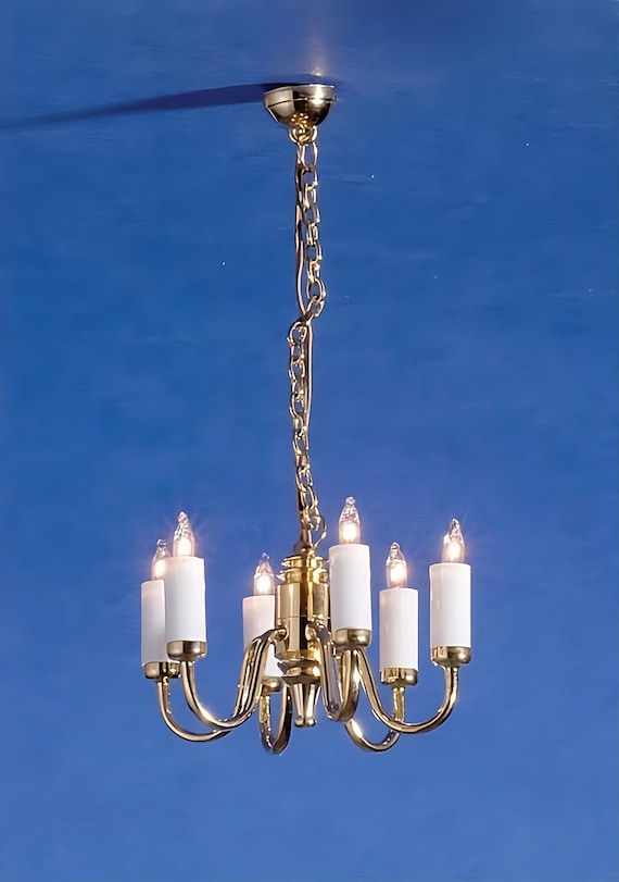 1:12 Dollhouse Miniature 12 volt CirKit 6 Arm Brass Chandelier, One Inch Scale