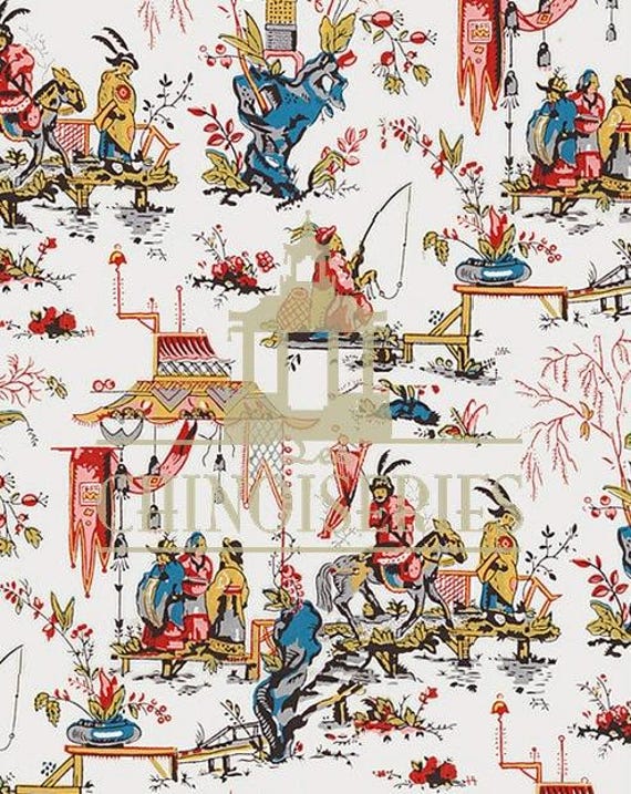 1:12 Dollhouse Miniature WALLPAPER, Chinoiserie in Primary, Scale One Inch