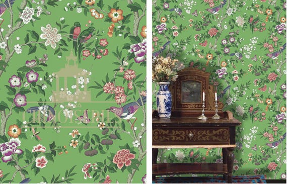 RESEVERED FOR JOAN 1:12 Dollhouse Miniature Wallpaper, Bluebird Sur Le Vert, Scale One Inch