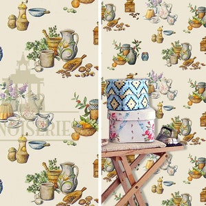 May include: Watercolor pattern featuring kitchenware, including pitchers, mortars, coffee grinders, and bowls, alongside fruits, nuts, and flowers. The design has a vintage aesthetic with the word "CHINOISERIE" in the center.