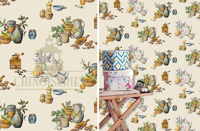 May include: Watercolor pattern featuring kitchenware, including pitchers, mortars, coffee grinders, and bowls, alongside fruits, nuts, and flowers. The design has a vintage aesthetic with the word "CHINOISERIE" in the center.