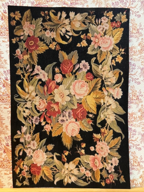 1:12 Dollhouse Miniature Dramatic French Aubusson Rose Area Rug, Marcella, Scale One Inch
