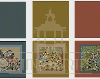 May include: A decorative panel featuring six framed illustrations with a whimsical theme. The illustrations depict scenes with animals, including a mouse and rabbits, in a vintage style. The color palette includes shades of blue, brown, and green.