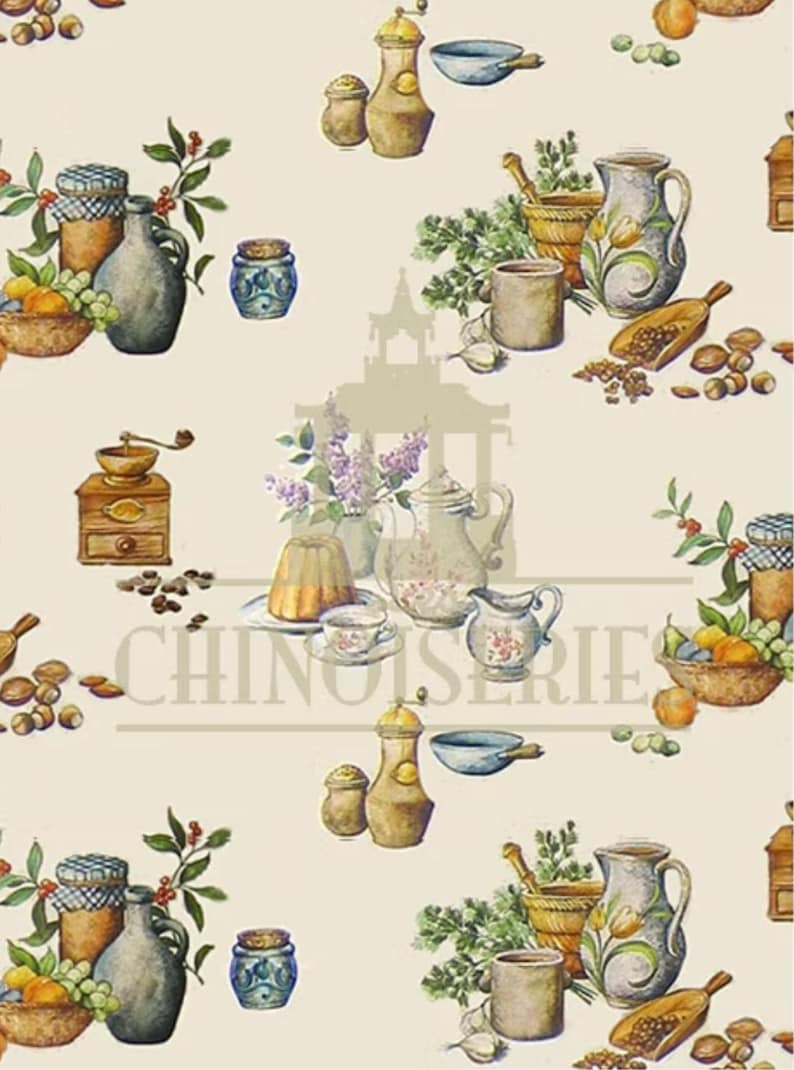 May include: Watercolor illustration featuring a repeating pattern of kitchen and dining items. Includes jars, pitchers, a coffee grinder, and bowls. The text "CHINOISERIE" is visible. The color palette is soft, with beige, brown, and blue tones.