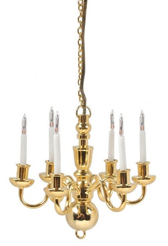 Dollhouse Miniature 12 Volt 6 Arm Brass Chandelier, 1:12 scale