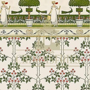 May include: Decorative vintage wallpaper design featuring repeating patterns. The top section shows figures, trees, peacocks, and text. The bottom section displays a floral pattern with red flowers and green leaves.