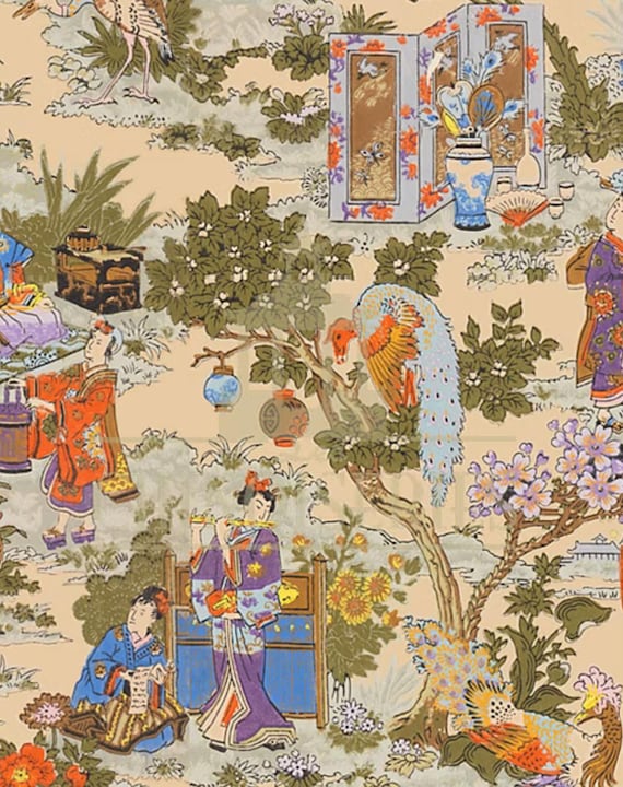1:12 Dollhouse Miniature WALLPAPER, Chinoiserie in Technicolor, Scale One Inch