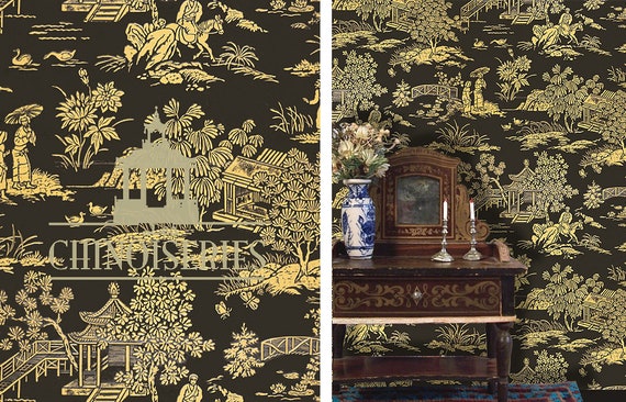 1:12 Dollhouse Miniature Wallpaper, Chinoiserie Noire, Scale One Inch