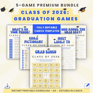 Può includere: Un pacchetto di giochi di laurea per la Classe del 2026. I giochi includono "What's on Your Phone?", "Emoji Pictionary", "Who Knows the Grad Best?", "Most Likely To" e "Grad Bingo". Modelli Canva completamente modificabili.
