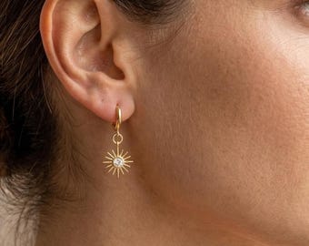 Sunburst Drop Earrings, Dainty Star Hoop Earrings, Celestial Jewelry, Gold Sun Huggie Hoops, Boho Summer Earrings, Trendy Gift for Her