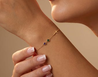 Cross Birthstone Bracelet, Personalized Gold Bracelet, Christian Jewelry Gift for Women, Dainty Custom Birthstone Bracelet