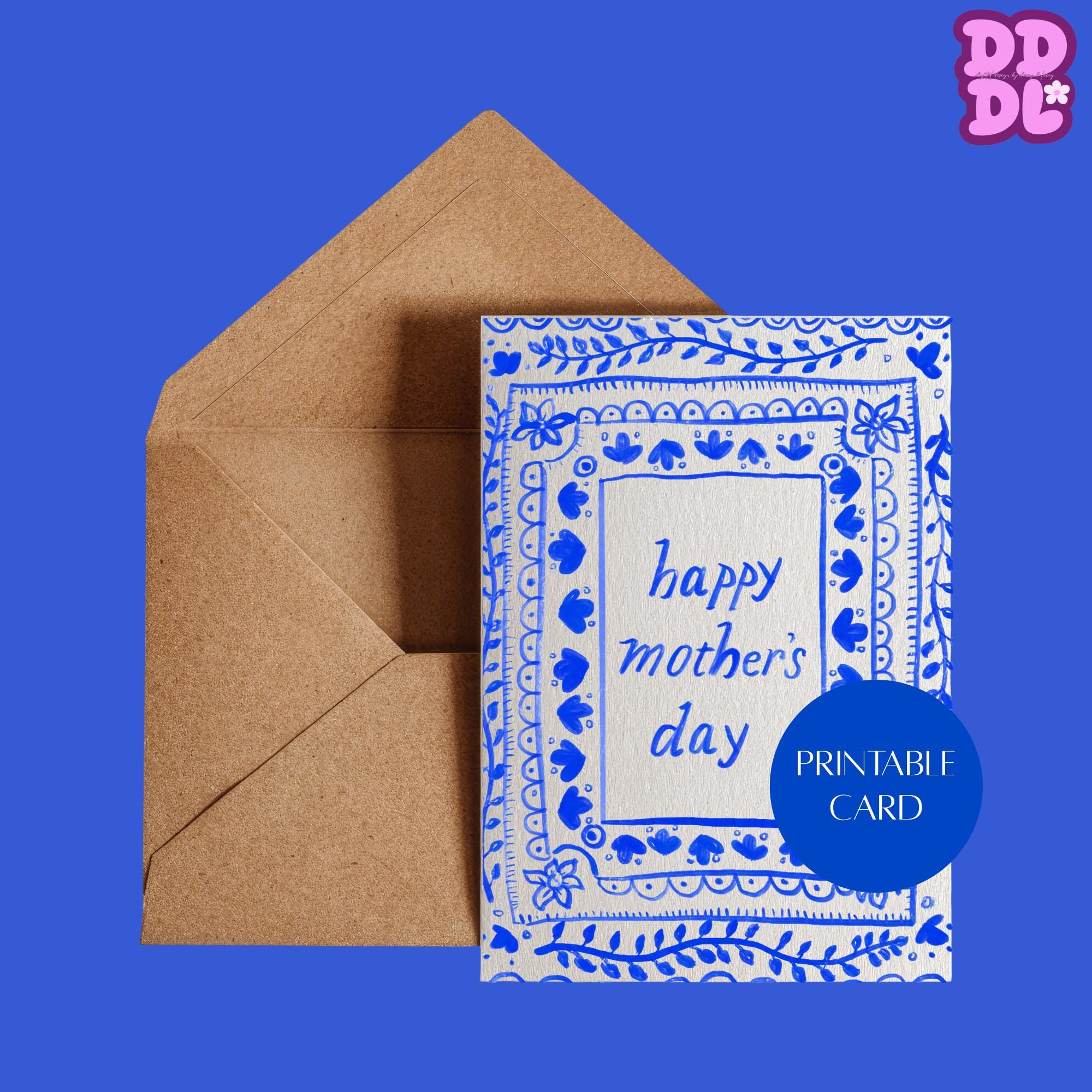 Blue Folk Art Mother's Day Card Printable — Delft Floral Hand Drawn ...
