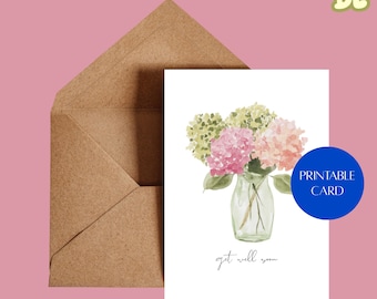 Watercolor Hydrangea Floral Get Well Card – Elegant 4x6 (Digital Download)
