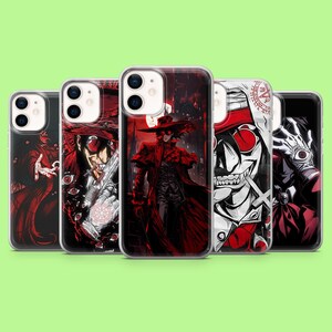 May include: A collection of five phone cases featuring striking illustrations in red, black, and white. The designs showcase a gothic theme with characters in dramatic poses, including a figure in a long coat and hat, and a skull-like face. The cases are displayed against a green background.