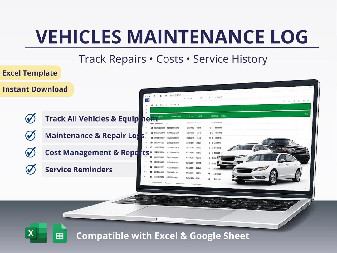 Vehicle Maintenance Log Excel Template, Car Service Tracker, Repair Log ...