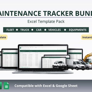Może przedstawiać: Obraz promujący pakiet szablonów Excel Maintenance Tracker Bundle. Obraz przedstawia różne urządzenia wyświetlające szablon, w tym laptopy, tablety i smartfon. Pokazano również pojazdy i sprzęt. Tekst zawiera "FLEET, TRUCK, CAR, VEHICLES, EQUIPMENTS".