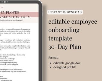 Plantilla editable para la incorporación de empleados / Lista de verificación para nuevos empleados (30 días) / Plantilla de RR. HH. para Canva y Google Sheets