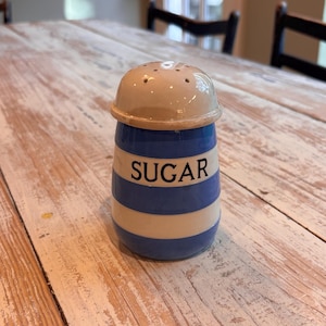 Vintage T.G. Green Cornishware Sugar Shaker | Blue & White Striped Cornish Kitchen Ware | Mid-Century England