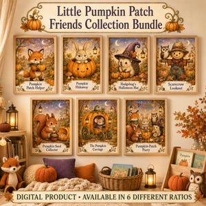Könnte beinhalten: Eine digitale Sammlung mit dem Titel Little Pumpkin Patch Friends, bestehend aus sieben gerahmten Illustrationen von Waldtieren in herbstlichen Umgebungen, darunter ein Fuchs, ein Hase, ein Igel, eine Vogelscheuche, ein Eichhörnchen und eine Maus, jeweils mit Text.